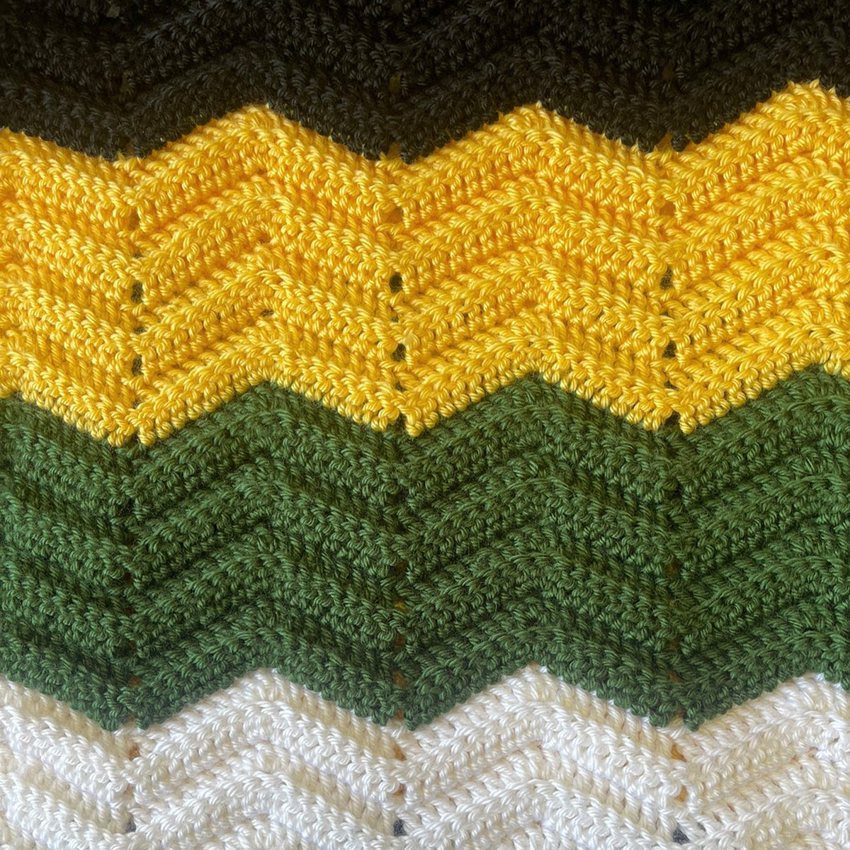 Close-up of a crocheted or knitted fabric with horizontal chevron stripes in dark brown, mustard yellow, olive green, and off-white.